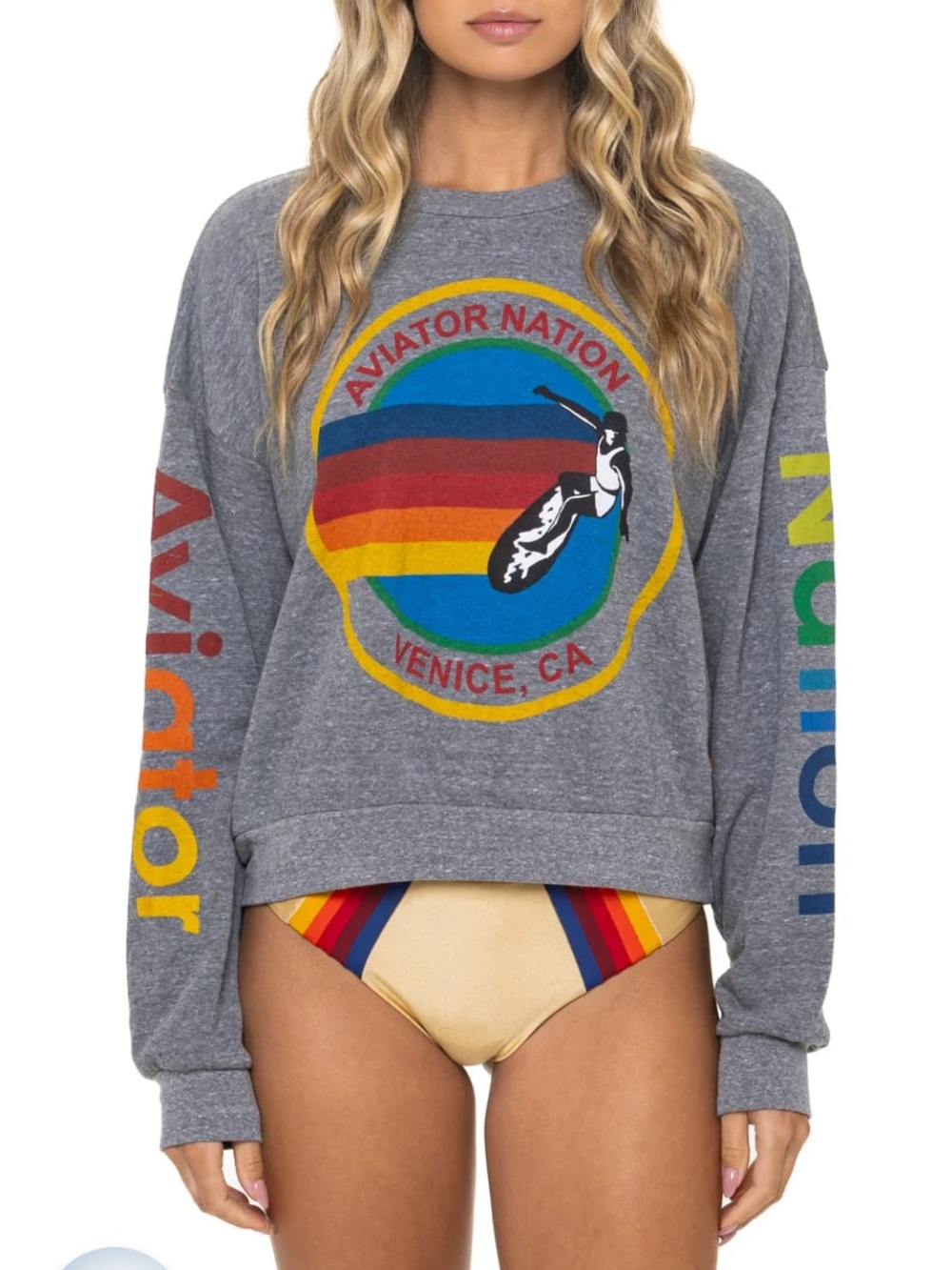 Aviator Nation relaxed graphic crewneck sweater Venice beach in heather grey